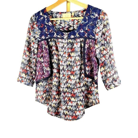 Anthropologie Vanessa Virginia Boho 3/4 Sleeve Multicolor Blouse Sz 2P EUC - Picture 1 of 12